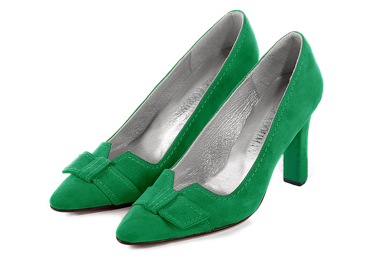 Emerald green women's dress pumps, with a knot on the front. Tapered toe. High kitten heels. Front view - Florence KOOIJMAN